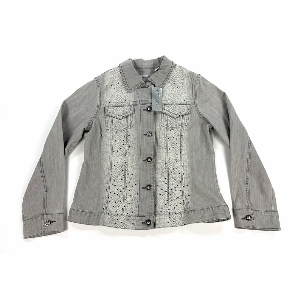 Chico's Platinum Gray Denim Jacket Rhinestone Bling Animal Snakeskin Print 1 M